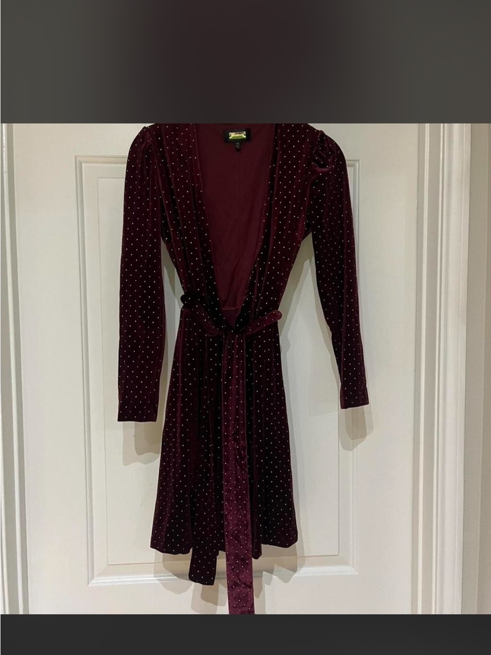 Plum Velvet Long-Sleeve Wrap Dress with Stud Accents